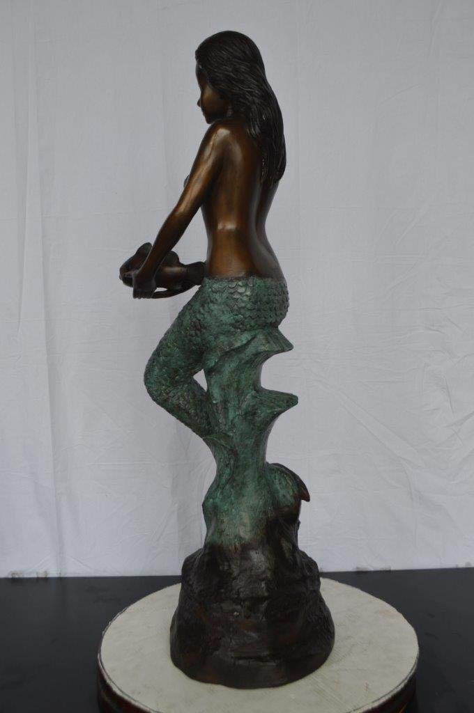 Mermaid Holding Two Fish Bronze Statue - Size: 14"L x 14"W x 43"H.