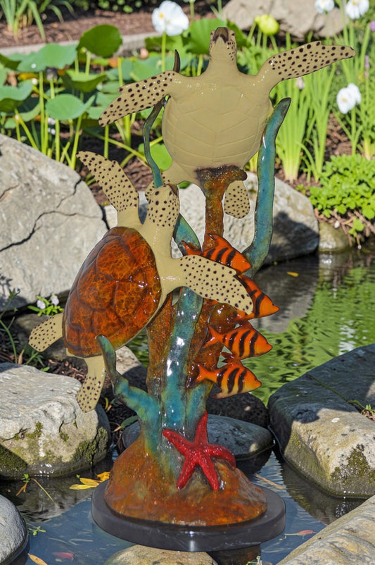 Two Turtles Swimming with Clown Fish Bronze Statue - Size: 18"L x 31"W x 42"H.