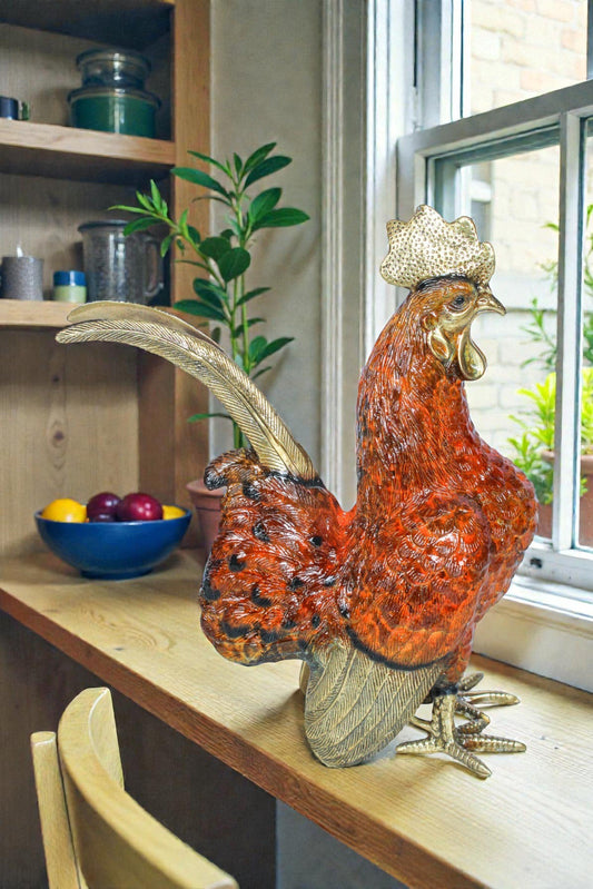 Decorative Bronze Rooster Statue with Red Enamel Finish 9" x 5" x 12"H