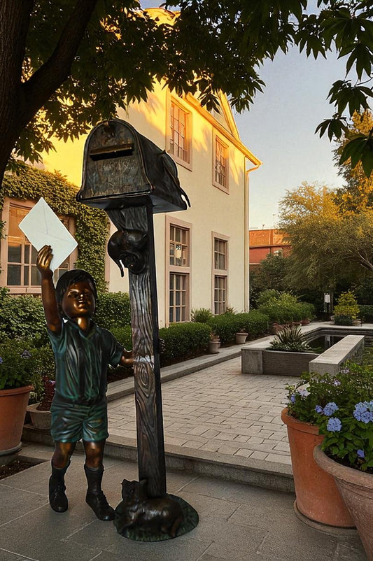 Standing Boy by Mailbox with Two cats Bronze Statue - 23"x 19"x 50"H.