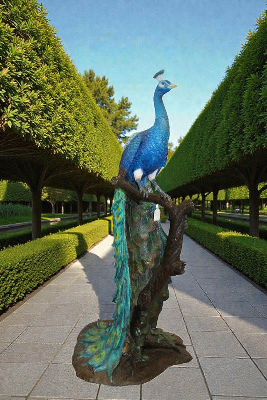 Peacock on Tree Bronze Statue - Size: 31"L x 30"W x 64"H.