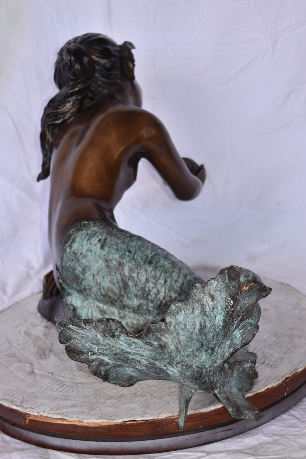 A Little Mermaid Holding A Shell Bronze Fountain Art Nude: 15" x 37" x 20"H