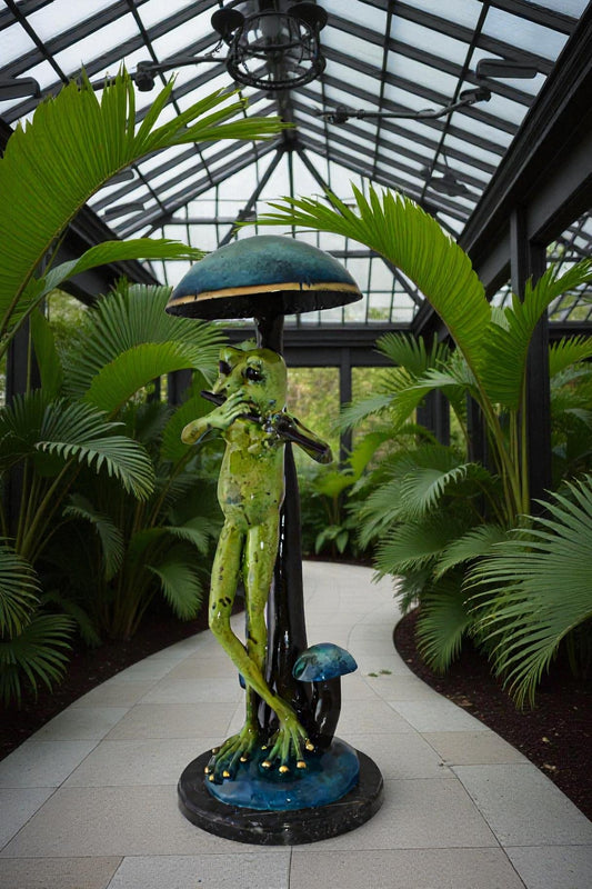 Musical Green Frog Playing the Flute Bronze Statue Size: 14" x 12" x 27"H