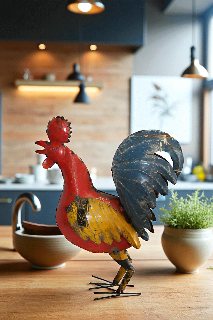 Colorful Thin Metal Rooster, Cockerel Statue 16" x 6" x 19"H
