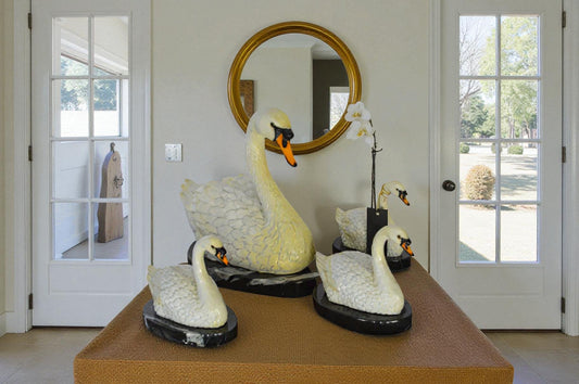 Set of White Swans each on Mable Base bronze statue - Size: 9"L x 18"W x 15"H.