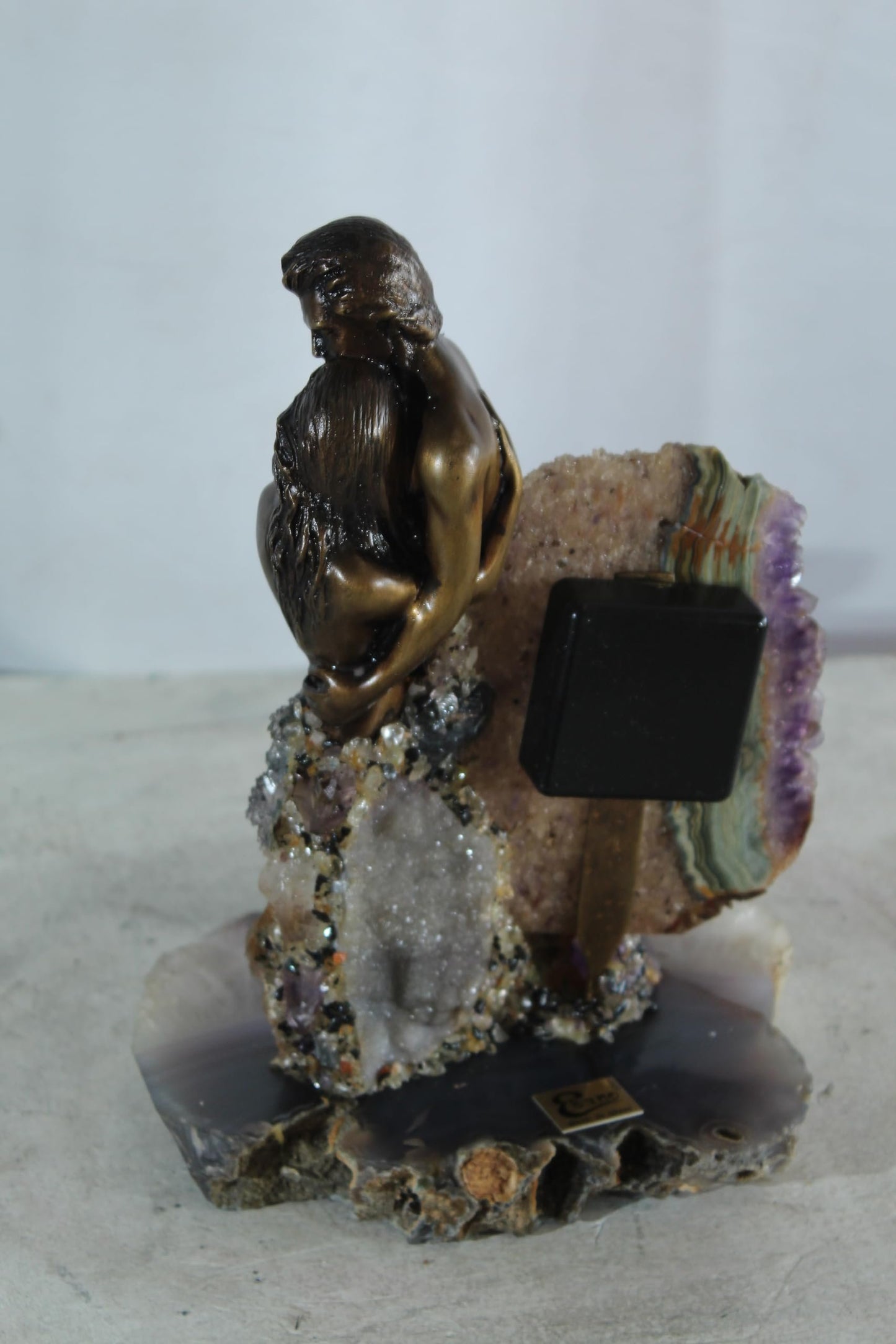 NIFAO Lovers Embrace Clock with Amethyst Geode Bronze by Vidal Spain 8"x7"x10"H