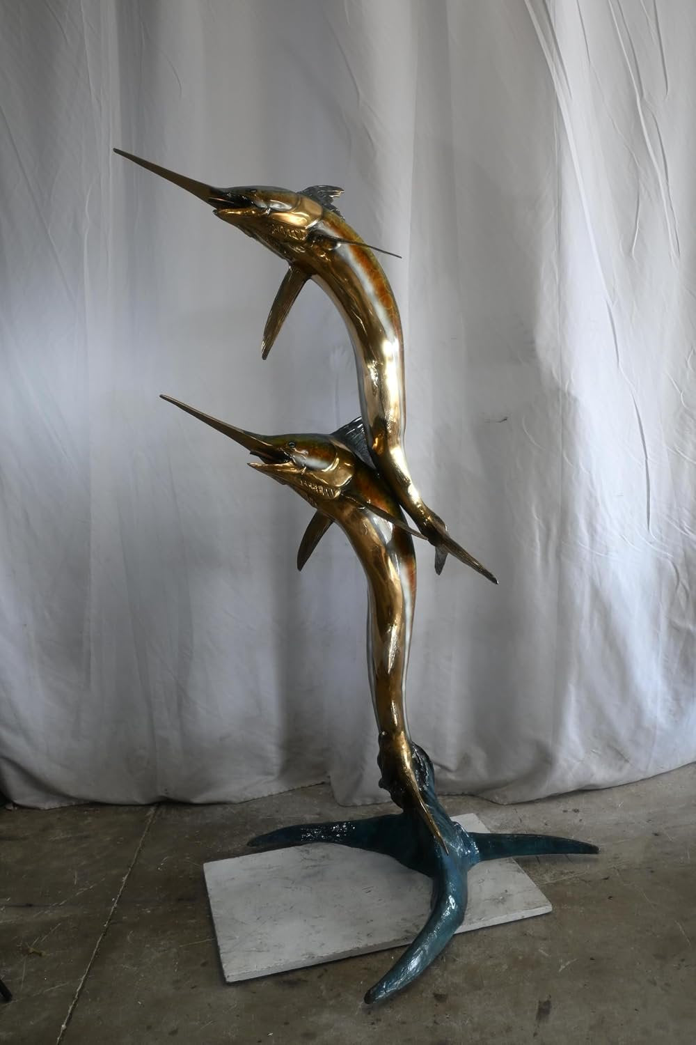 Double Marlin Bronze Garden Fountain Leaping Ocean Waves 42"x31"x74"H