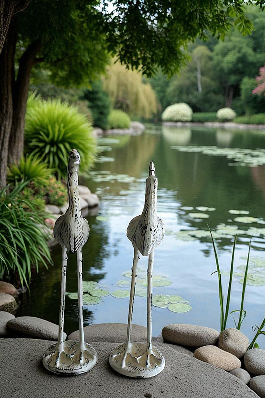Pair of Aluminum Crane with White Patina Finish 10" x 12" x 23"H