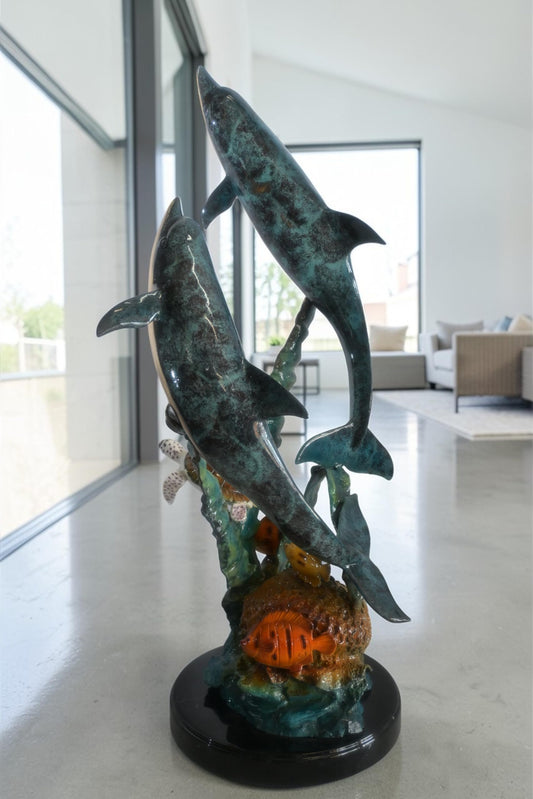 Large Bronze Dolphin Pair Ocean Scene Sculpture Marble Base 15"x18"x33"H