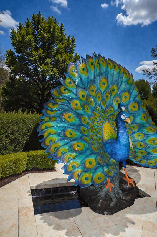 Colorful Peacock Bronze Statue - Size: 24"L x 39"W x 35"H.