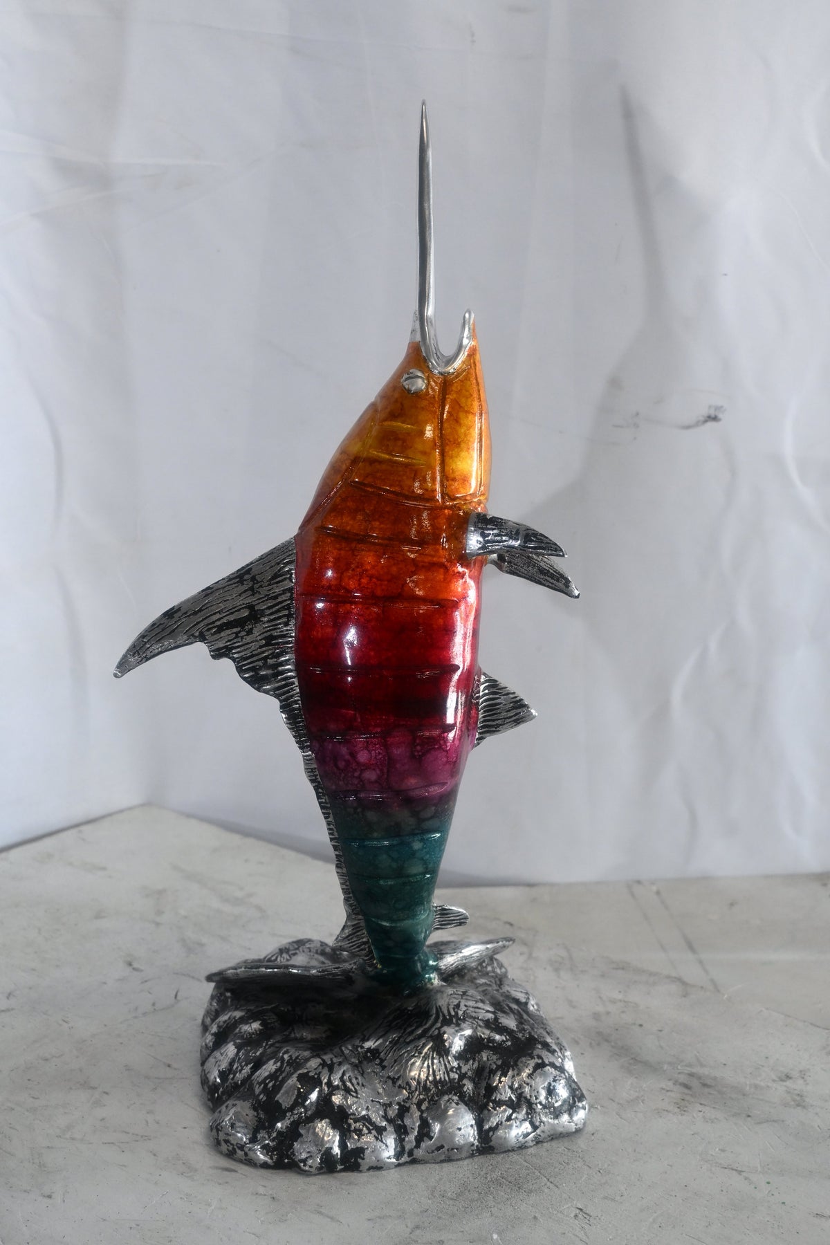 Leaping Swordfish Statue on Wave Base Aluminum Sea Decor 8"x10"x20"H