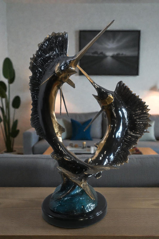 Bronze Sailfish Sculpture Pair Ocean Fish Statue 15"x12"x19"H