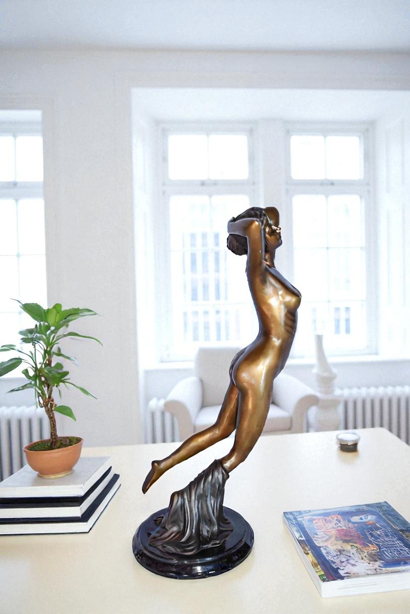 Nude Girl Posing Art Bronze Statue Mounted on Marble Size: 8" x 8" x 16"H