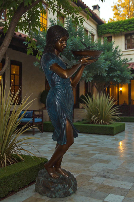 Lady holding a tray bronze statue fountain - Size: 17"L x 23"W x 62"H.