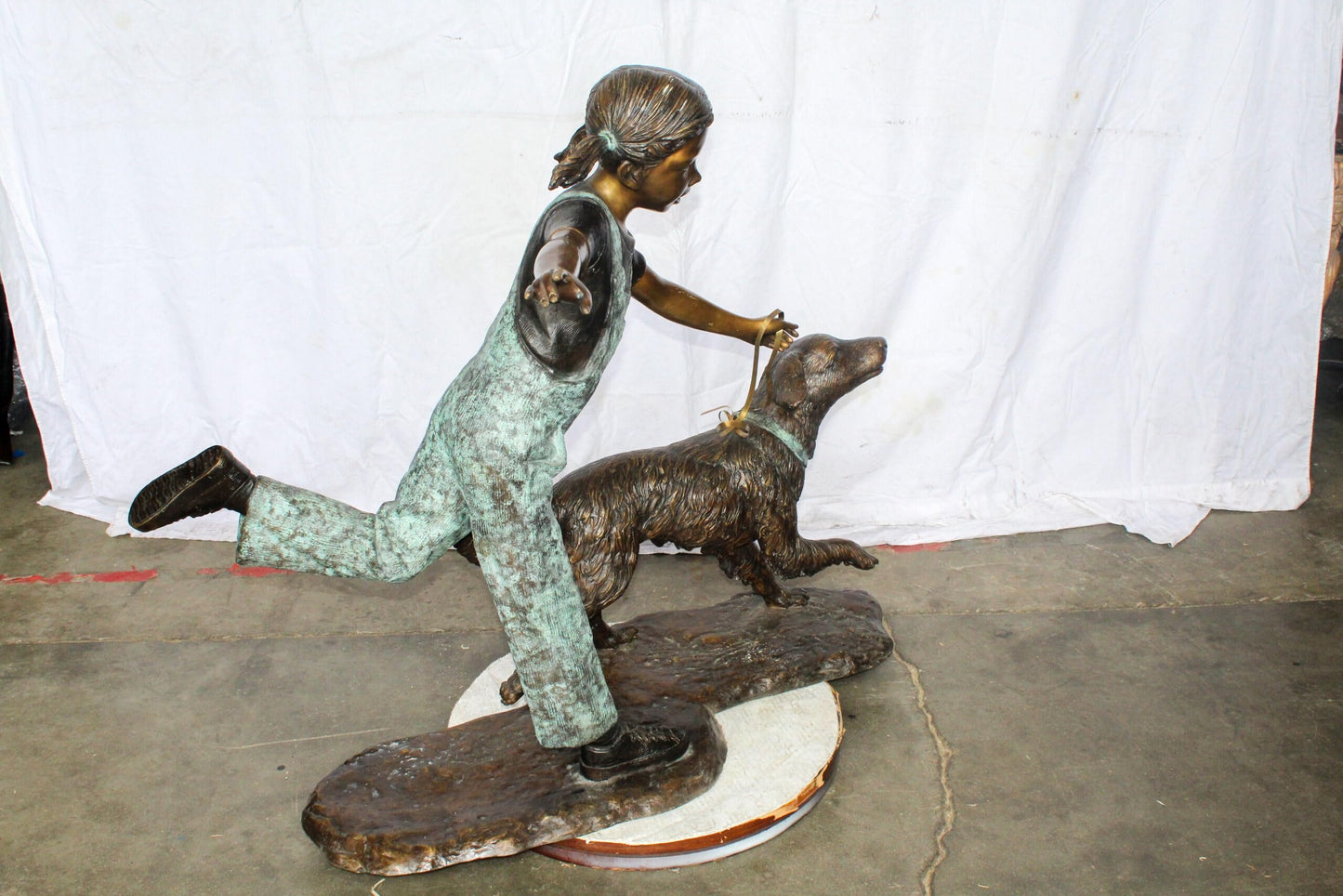 Young Girl and Her Dog Playing Bronze Statue 53" x 21" x 40"H
