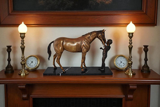 Lovable Girl and Horse Moment Bronze Statue on Marble Base Size: 23" x 6" x 15"H