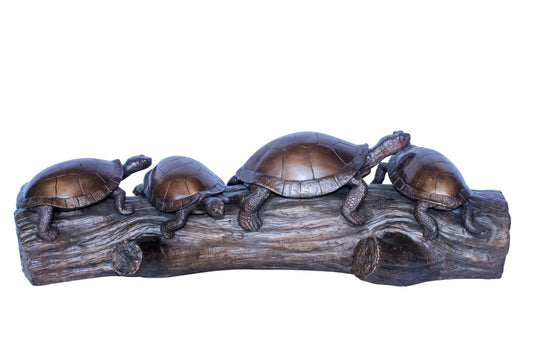 Four Turtles on Tree Log Bronze Statue, Charming Wildlife Decor 39" x 15" x 10"H