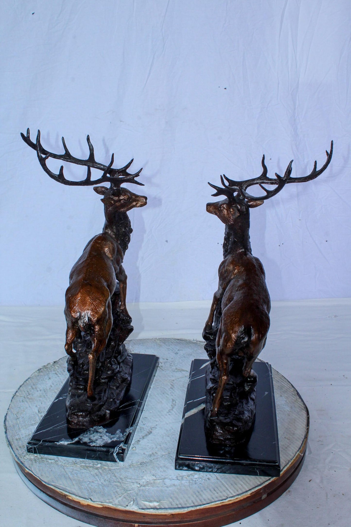 Bronze Pair of Deer Statues on Marble Base Lost Wax Method 15" x 10" x 21"H