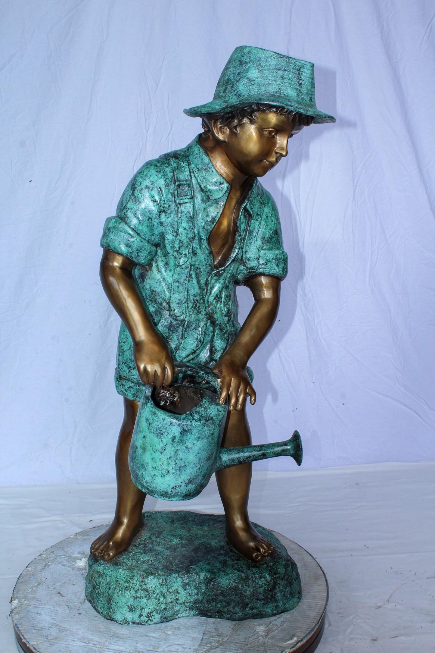Standing Boy with Watering Can Bronze Statue - Size: 15"L x 15"W x 39"H.