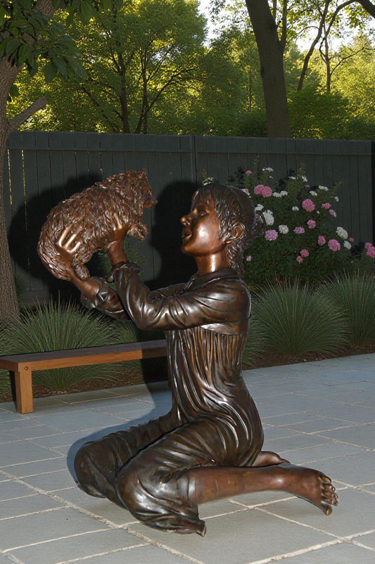 Girl Playing With Her Little Dog Bronze Statue - Size: 22"L x 22"W x 30"H.