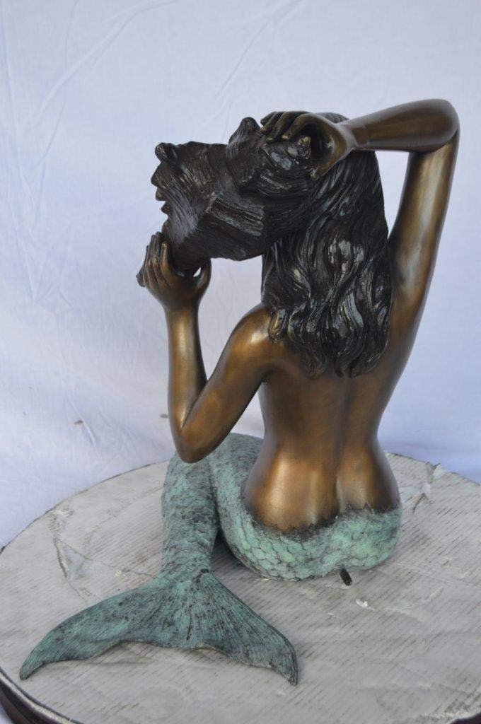 Mermaid with Conch shell bronze statue - Size: 16"L x 17"W x 21"H.