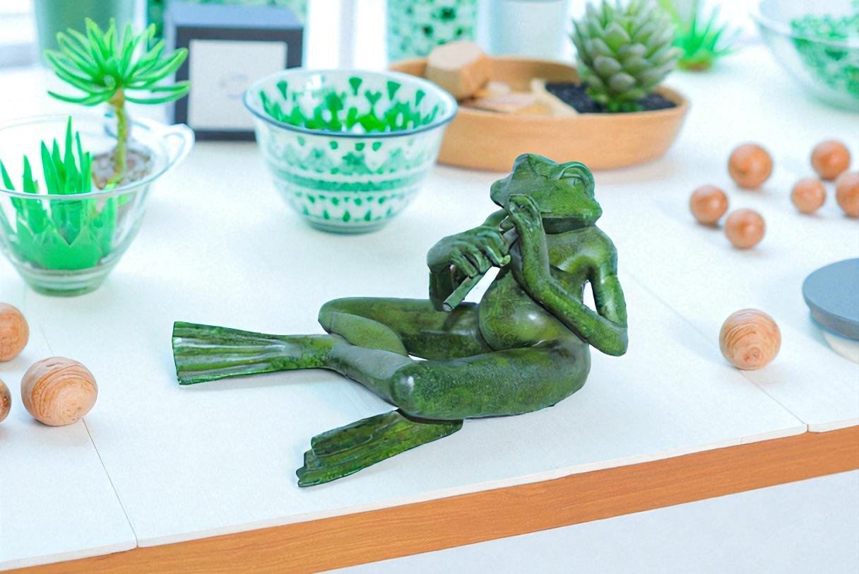 Musical Frog Playing Flute Bronze Statue with Green Patina 20" x 18" x 12"H