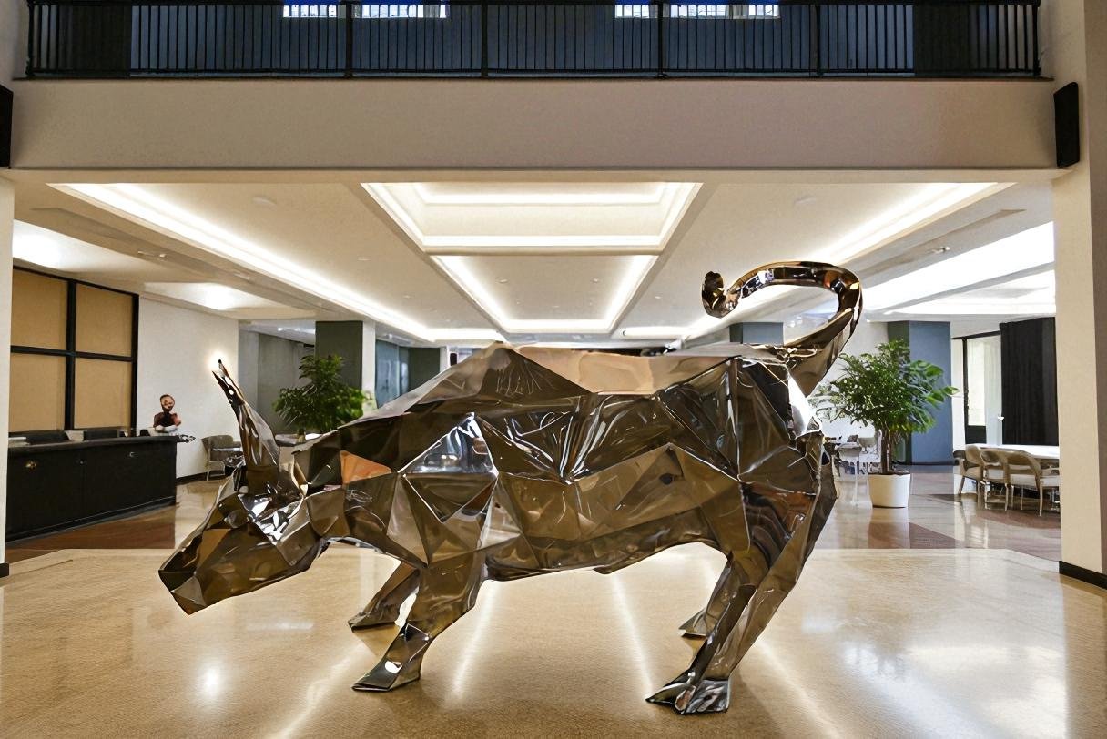 Modern Variation of Wall Street Bull Stainless Steel Statue 80" x 49" x 49"H
