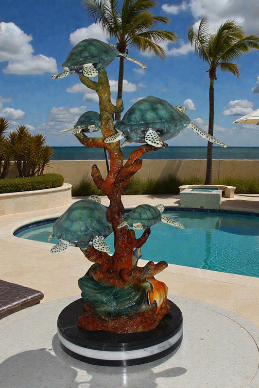 Five Sea Turtles Swimming Bronze Statue - Size: 20"L x 16"W x 30"H.