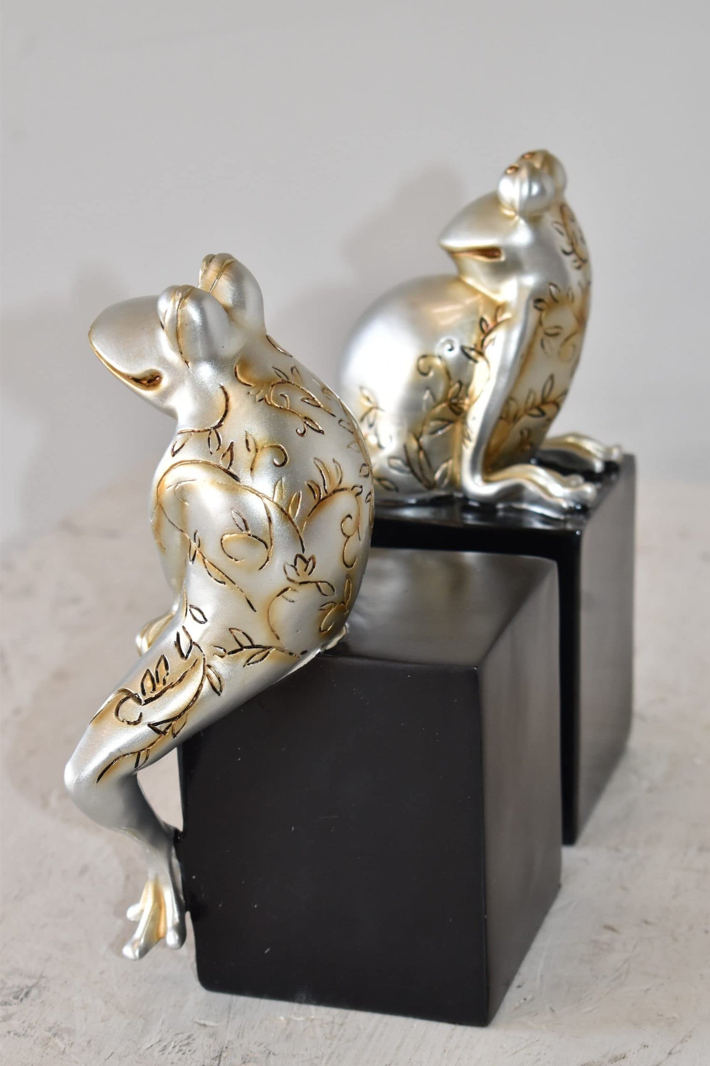 Pair of Happy Frogs Sitting on a Cube Resin Statue Size: 6" x 4" x 9"H