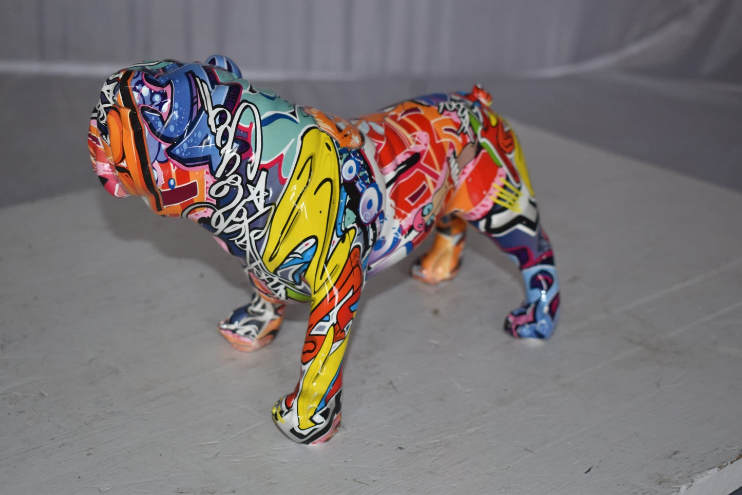 Modern Happy Graffiti Resin Bulldog Statue Looking to the Right 10" x 5" x 7"H