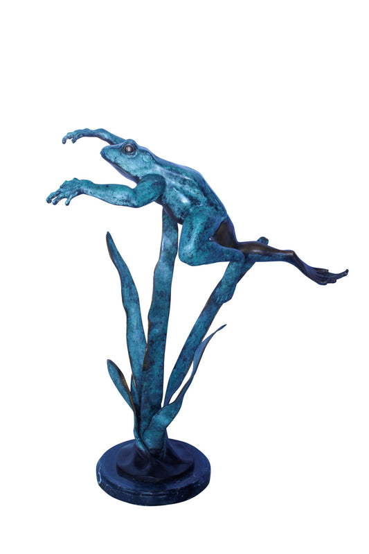 Frog Leaping Over Grass Bronze Statue 23" x 11" x 24"H