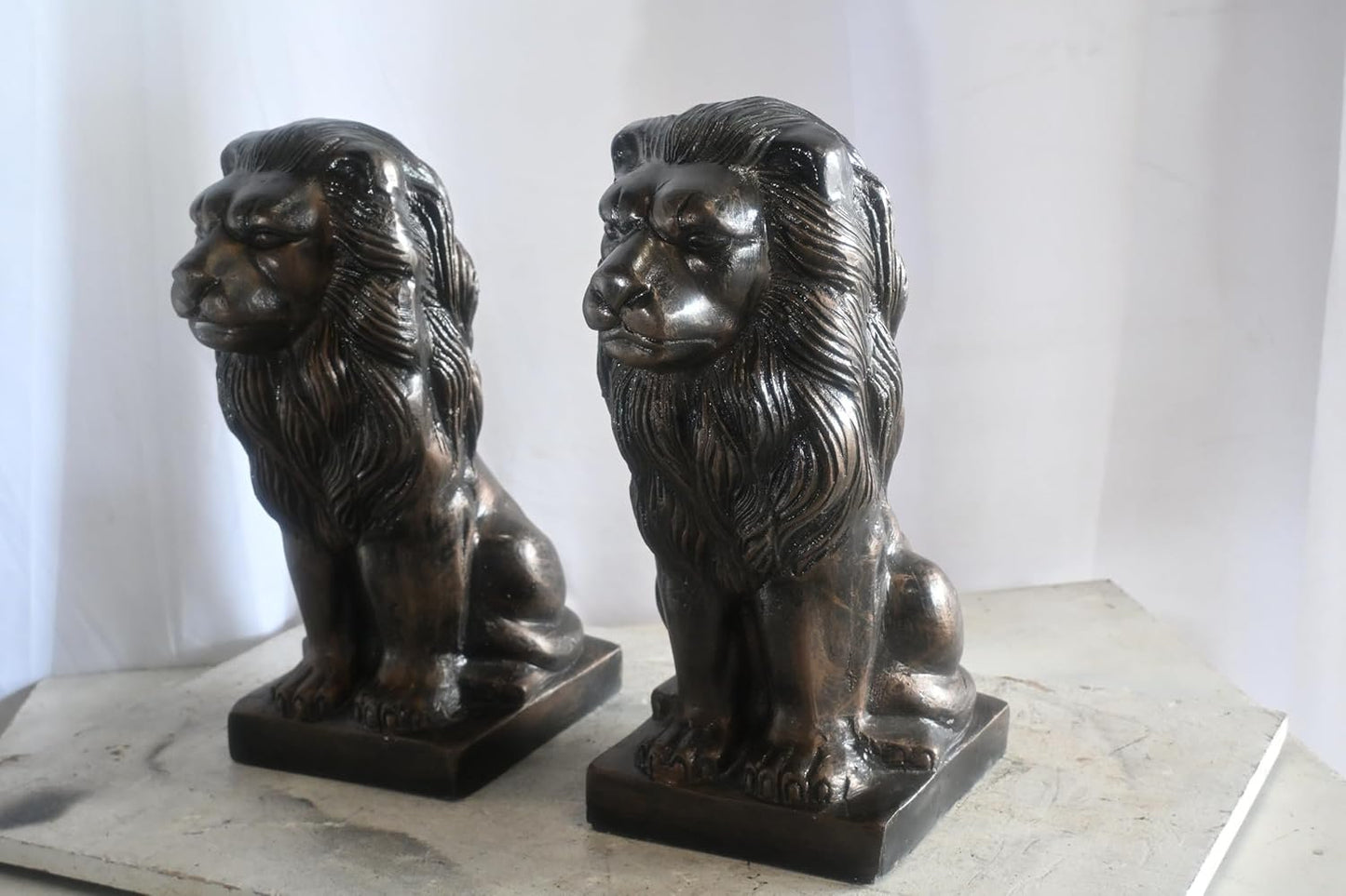 Pair of Aluminum Sitting Lion Statues Bronze Finish 19In 17"x12"x19"H