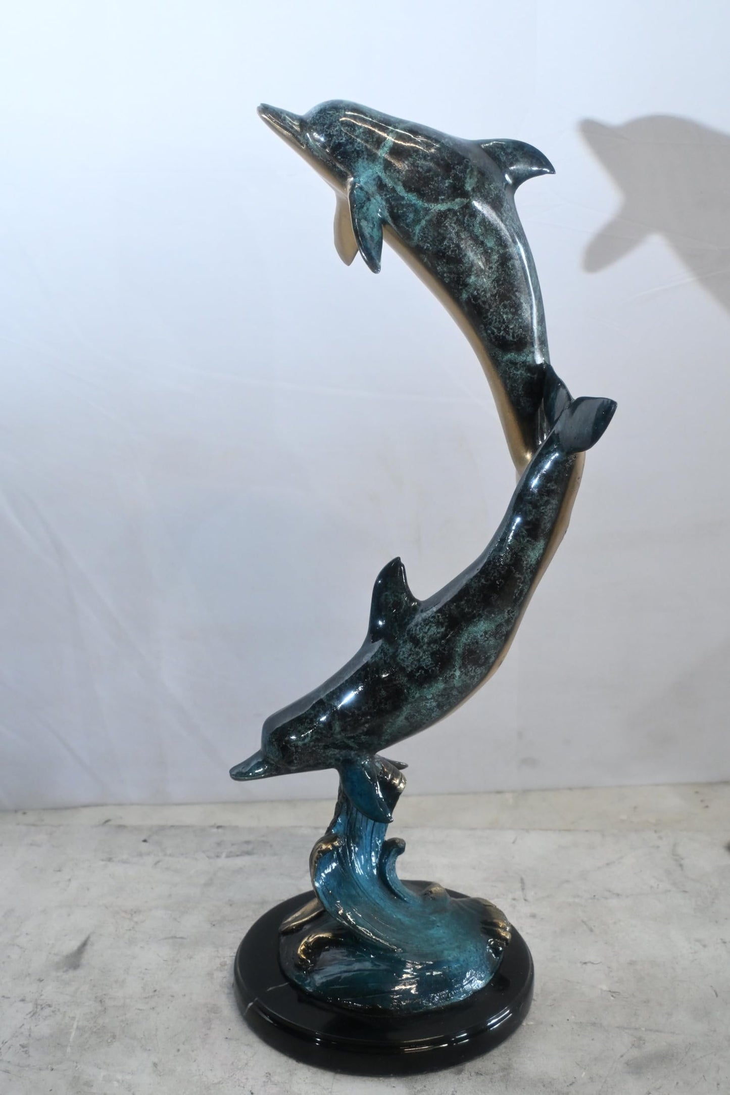 Two Dolphins Bronze Sculpture Leaping Wave Statue 10"x9"x24"H