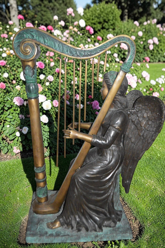 Angel playing a harp bronze statue - Size: 30"L x 15"W x 44"H.