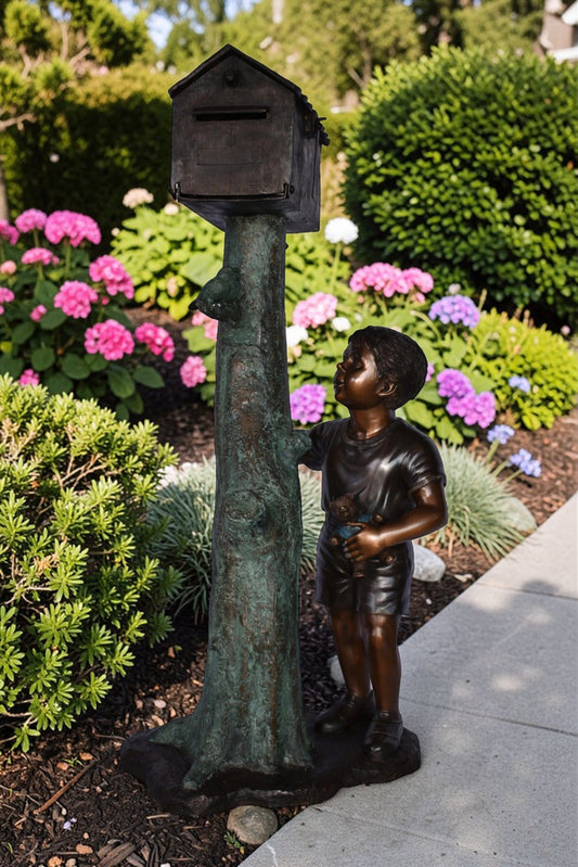 A Boy Standing by His Mailbox Looking at Birds Bronze Statue 25" x 22" x 51"H.