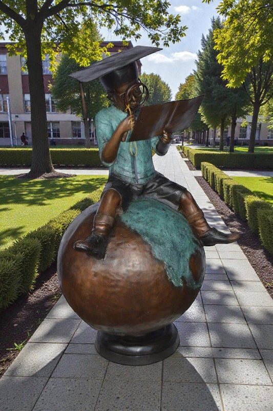 Student learning on top of world bronze statue - Size: 28"L x 24"W x 52"H.