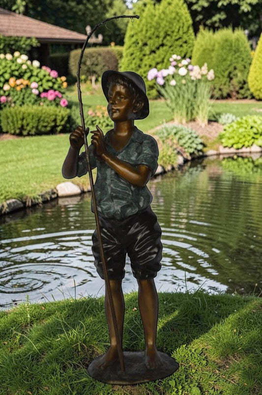 Boy with fishing rod bronze statue - Size: 11"L x 14"W x 44"H.