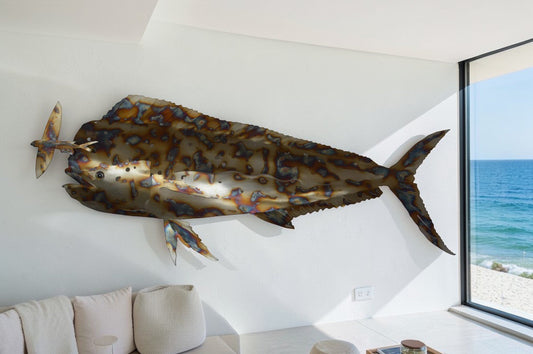 Mahi Mahi catching flying fish made of cut steel - Size: 39"L x 2"W x 12"H.