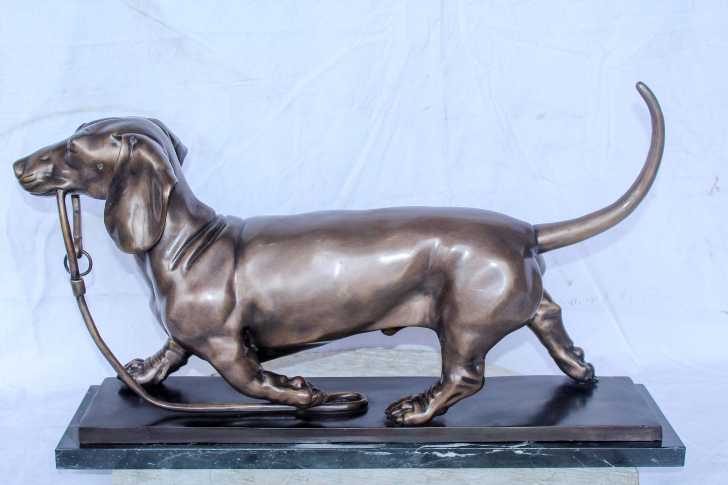 Detailed Dachshund Dog Walking Bronze Statue Mounted on Marble 29" x 8" x 15"H