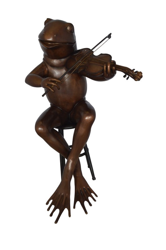 Nifao Human-Size Bronze Frog Playing Violin Statue – Whimsical Animal Musician Sculpture on Chair, Indoor/Outdoor Decor - 29" L x 18" W x 29" H