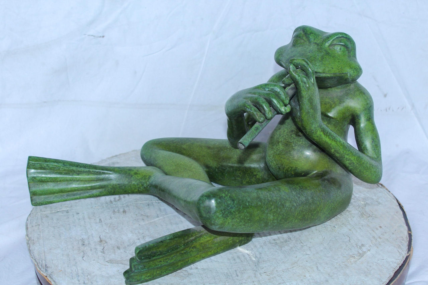 Musical Frog Playing Flute Bronze Statue with Green Patina 20" x 18" x 12"H