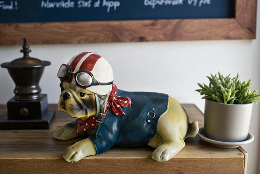 A Happy Dog Dressed in Motorcycle Rider Suit, Resin Statue 9" x 6" x 7"H