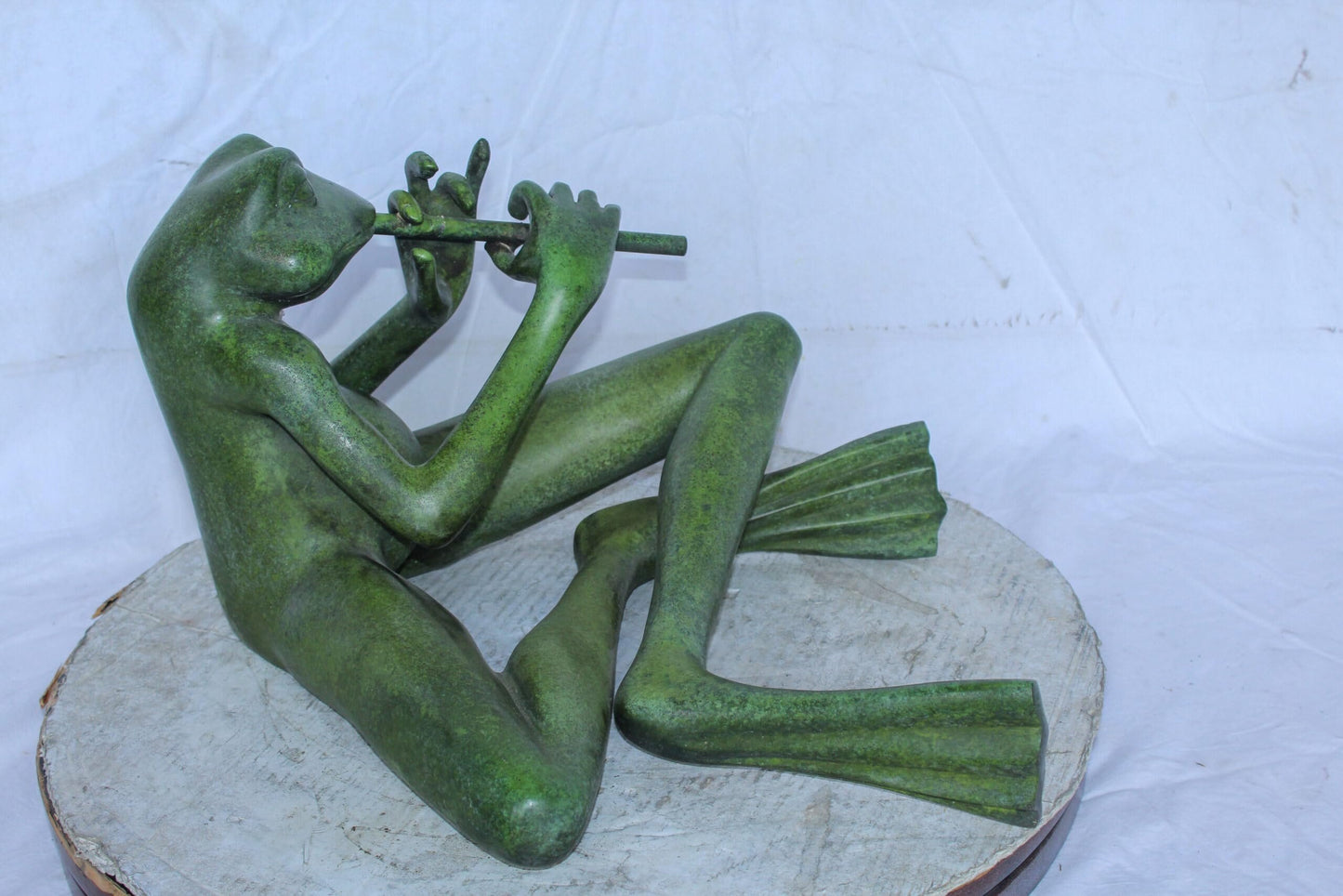 Musical Frog Playing Flute Bronze Statue with Green Patina 20" x 18" x 12"H