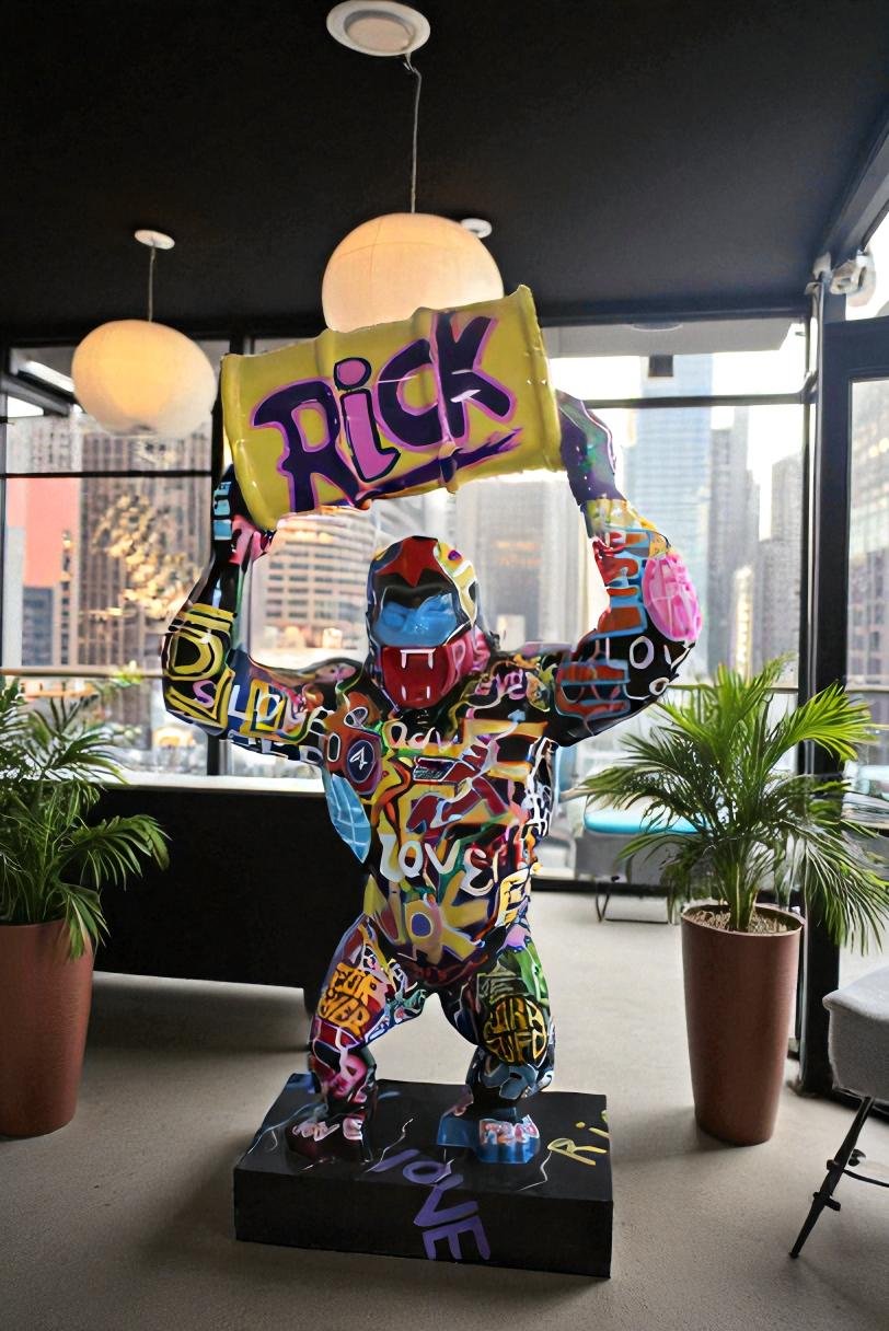 Giant Resin Gorilla Statue Holding a Barrell 28" x 21" x 83"H