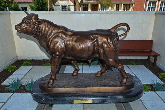 Bronze Bull Statue Le Taureau by Arnadia on Marble Base 19" x 8" x 13"H