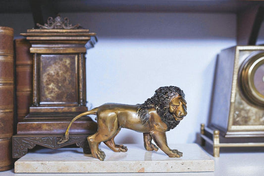 Small Bronze Lion Sculpture Walking Pose Animal Art 15" x 5" x 8"H