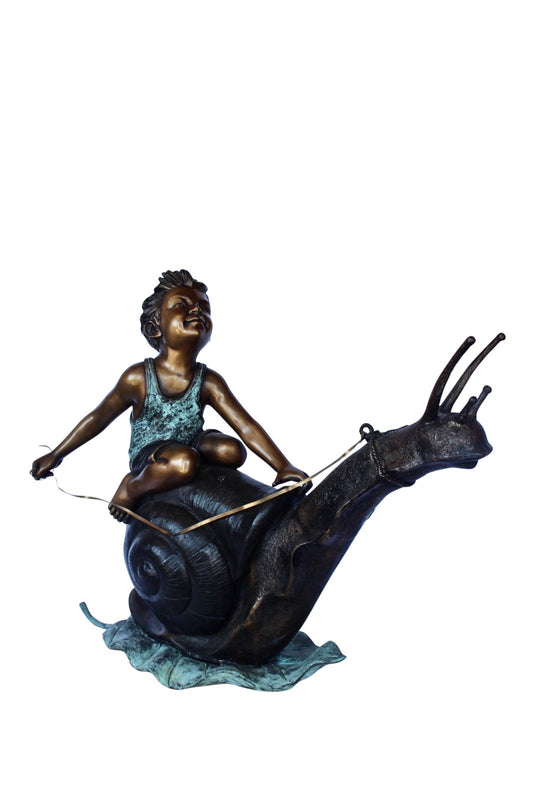 Happy boy riding a snail bronze statue fountain -  Size: 42"L x 14"W x 34"H.