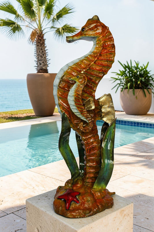 Nifao Bronze Seahorse with Baby Sculpture – Handcrafted Lost Wax Cast Ocean Life Statue with Seagrass & Starfish Details – Rich Patina & Polished Accents Coastal Marine Decor -16" x 14" x 43"H