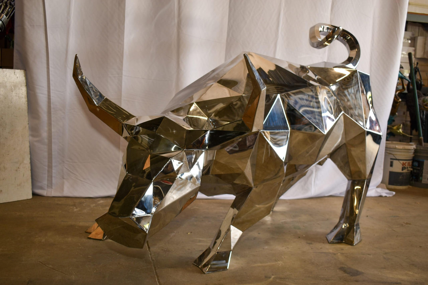 Modern Variation of Wall Street Bull Stainless Steel Statue 80" x 49" x 49"H