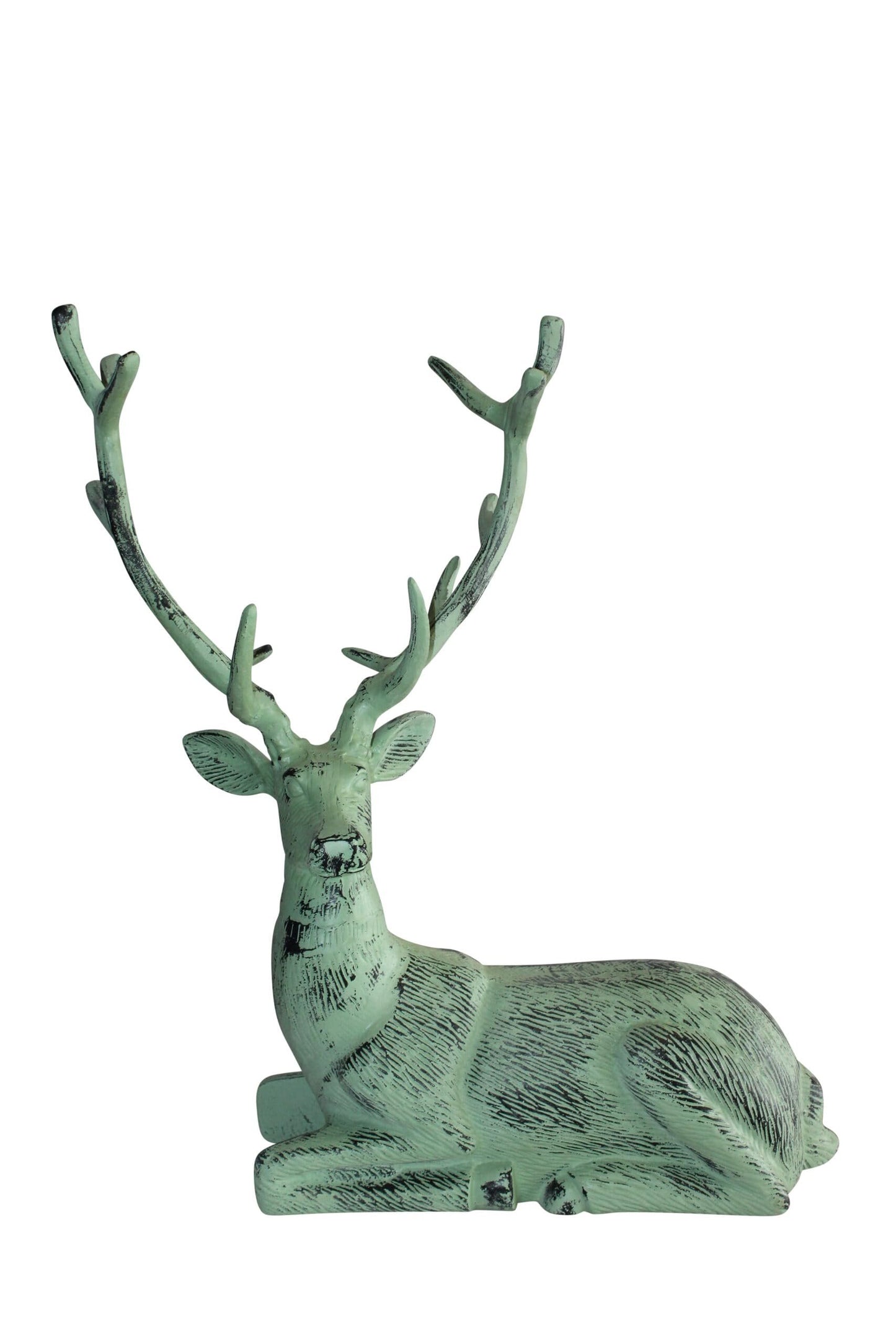 Aluminum Deer Statue Green Patina Resting on the ground 26" x 7" x 24"H